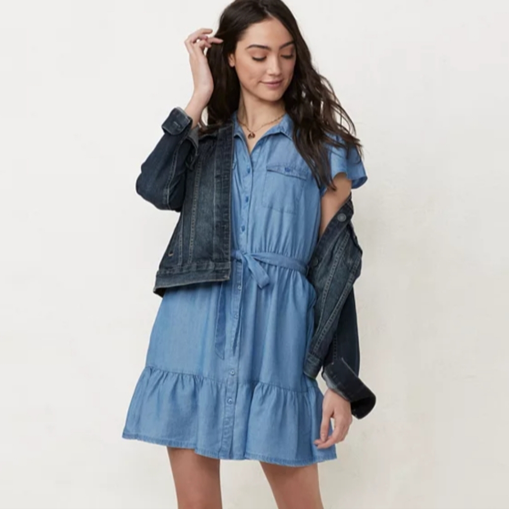 LC Lauren Conrad Chambray Flounce Sleeve Shirtdress